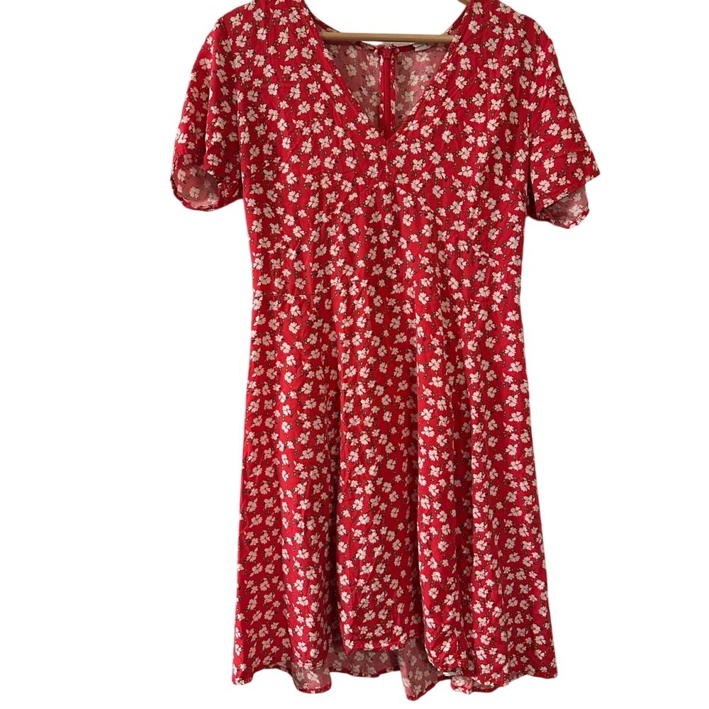 GAP Red Floral‎ Print Short Sleeve V Neck Dress Women Size 10
